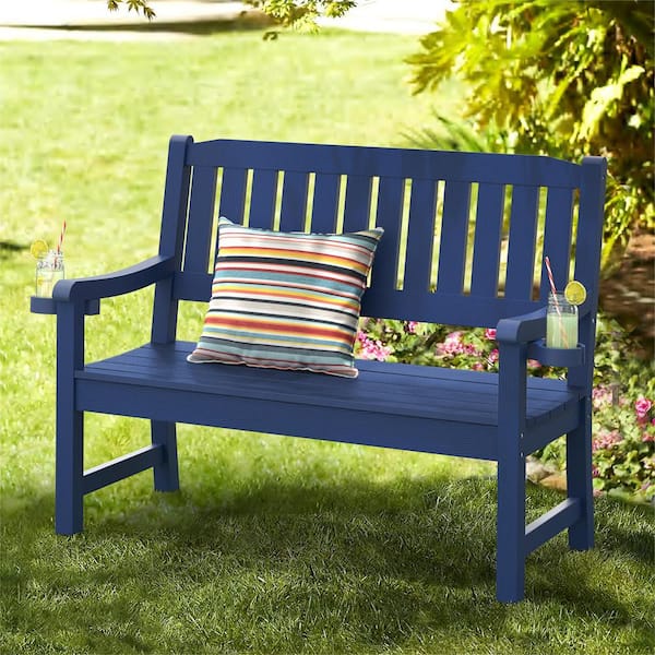 Lowis Navy Blue 2 Person Plastic Outdoor Bench with Cup Holder All Weather HDPS Garden Bench Waterproof for Backyard