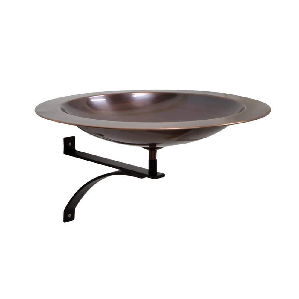 ACHLA DESIGNS 18 in. Dia. Round Antique Finished Brass Classic Copper Birdbath w/Black Wrought Iron Wall Mount Bracket
