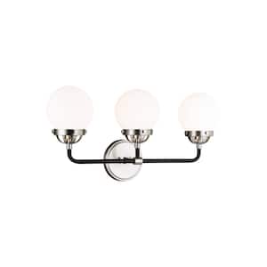 Cafe 21.75 in. W 3-Light Brushed Nickel Vanity Light with Etched/White Glass Shades and Matte Black Frame Accents