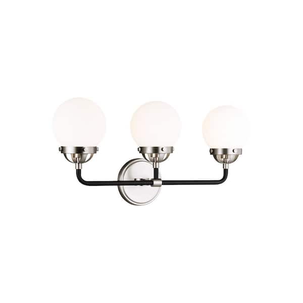 Generation Lighting Cafe 21.75 in. W 3-Light Brushed Nickel Vanity Light with Etched/White Glass Shades and Matte Black Frame Accents
