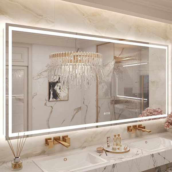 77 in. W x 36 in. H Rectangular Frameless Front Back Lighted Anti-Fog Wall Bathroom Vanity Mirror, Tempered Glass, ETL
