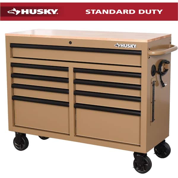 Standard Duty 46 in. W x 18 in. D 9-Drawer Gloss Tan Mobile Workbench Cabinet with Solid Wood Top