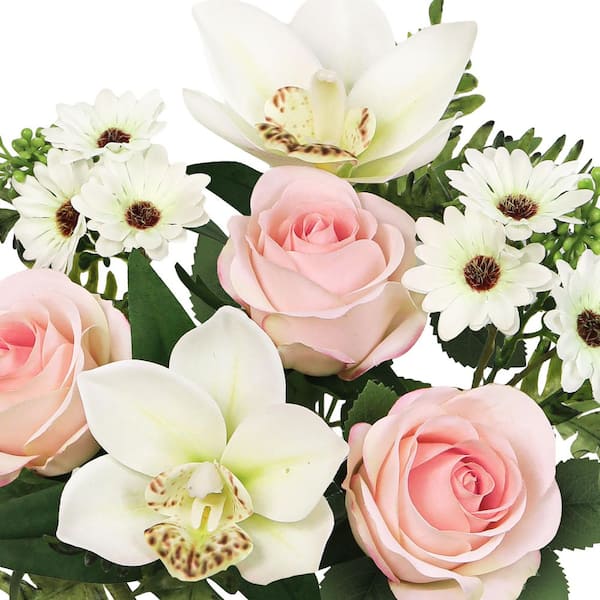 16 in. Cream Blush White Artificial Mixed Rose Cymbidium Orchid Daisy Flower Stem Bush Bouquet (Set of 2)