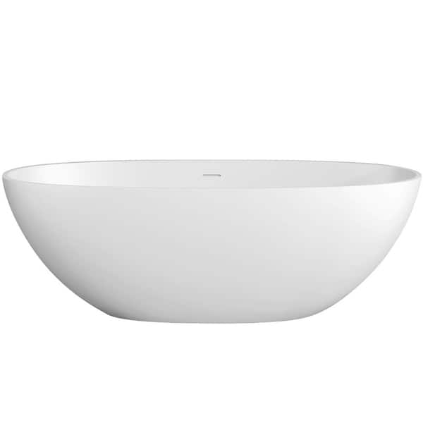 Zeafive Dul 65 in. x 29.5 in. Solid Surface Stone Resin Flatbottom Freestanding Soaking Bathtub with Center Drain in Matte White