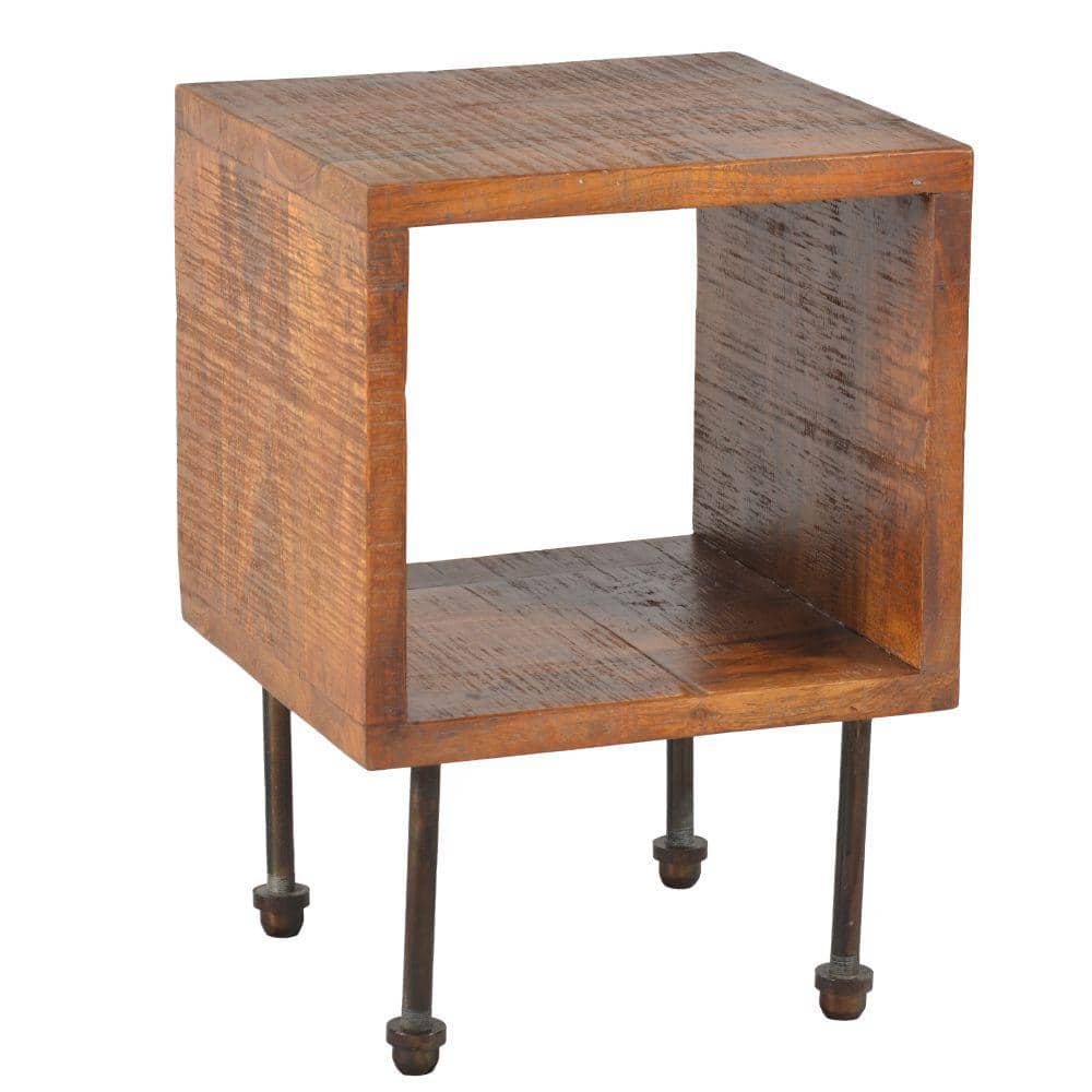 THE URBAN PORT Industrial Style Brown Cube Shape Wooden Nightstand with