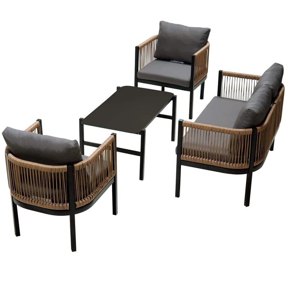 4 Pieces Metal Patio Conversation Set with Tempered Glass Table and Gray Cu