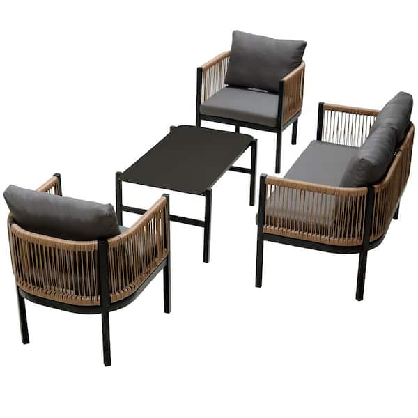 Unbranded 4 Pieces Metal Patio Conversation Set with Tempered Glass Table and Gray Cushions for Garden Backyard and Balconies