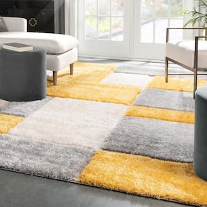 San Francisco Escondido Yellow Modern Geometric Squares 5 ft. 3 in. x 7 ft. 3 in. 3D Carved Shag Area Rug