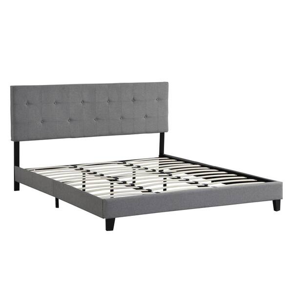 JASMODER 80.12 in. W Gray King Size Upholstered Platform Bed Frame with Button Tufted Linen Fabric Headboard