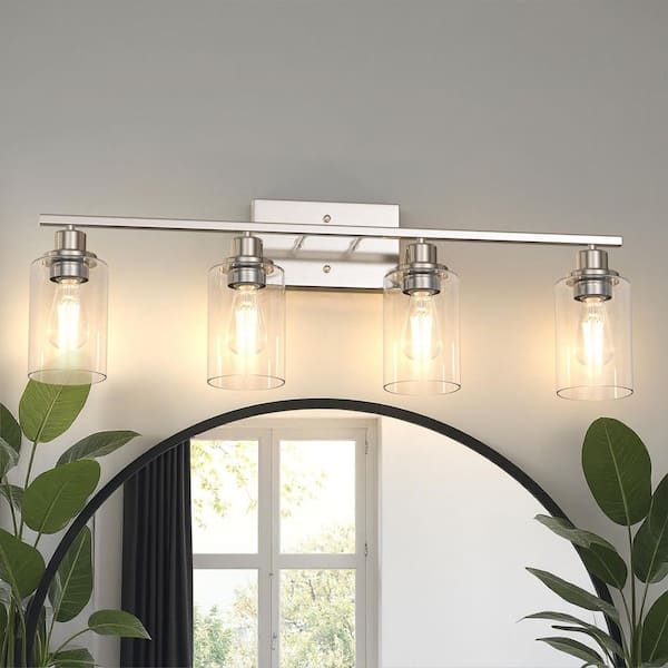 32 in. Industrial 4-Light Nickel Farmhouse Vanity Light with Glass Shades for Bathroom