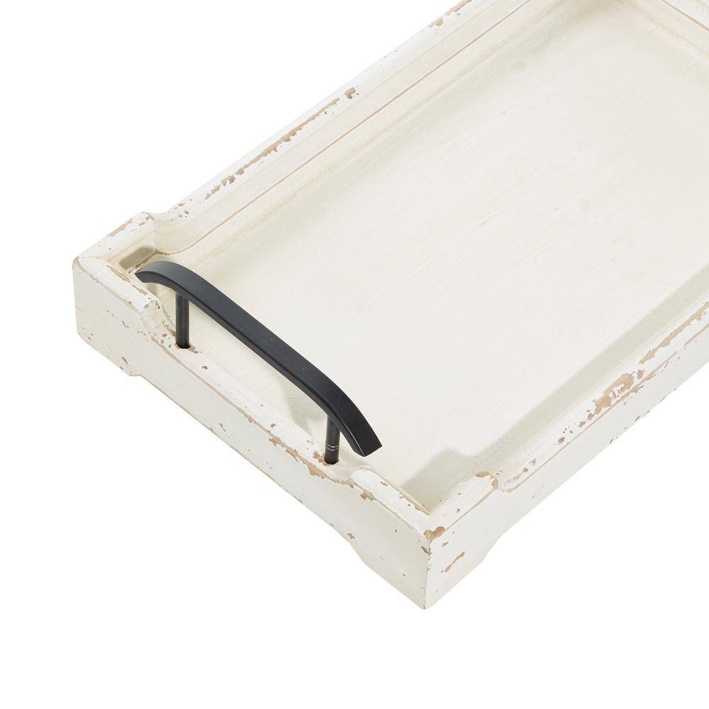 White Distressed Pine Wood Decorative Trays with Metal Handles, Set of 2