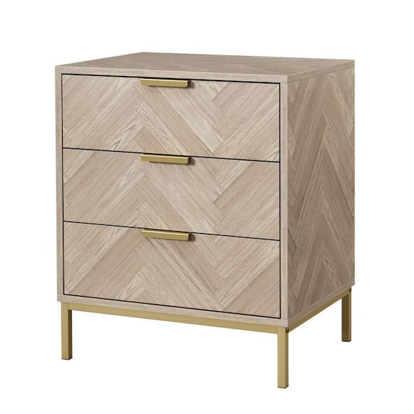 Oak 3 Drawers 19.8 in. W Nightstand with Gold Metal Legs