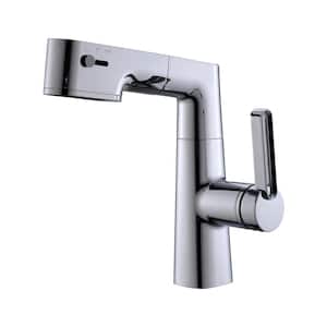 Single Handle Digital Display Bathroom Faucet with Pull-out in Chrome