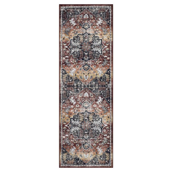 Ultra Thin Washable Red Brown 2 ft. x 6 ft. Vintage Printed Carpet Foldable Indoor Decorative Carpet Area Rug