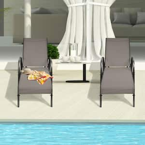 2-Piece Metal Patio Outdoor Chaise Lounge with Adjustable Reclining Armrest and Brown Fabric