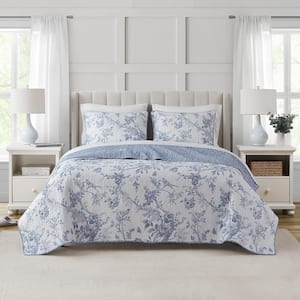 Chantilly Toile Floral Blue 3-Piece All-Season Reversible Cotton Quilt Set - Full/Queen