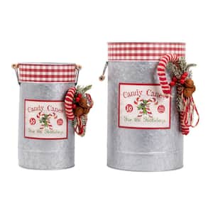 Set of 2 Galvanized Metal Candycane Bucket With Pine and Jingle