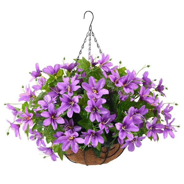 Unbranded 19 .7 in H. Purple Artificial Flowers Hanging Basket, Fake Orchid Flowers in Coconut Lining Hanging Basket