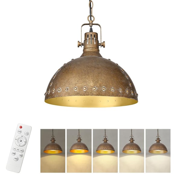 20 in. 1-Light Antique Brass LED Pendant Light with Remote Control