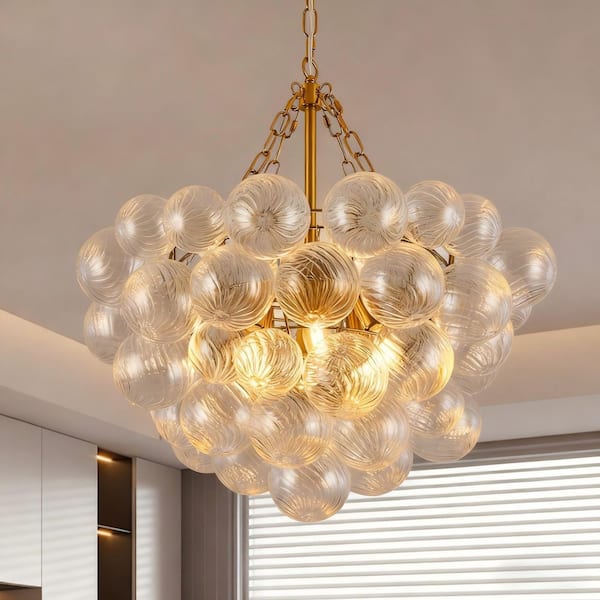 24 in. 6-Lights Gold Nordic Glass Bubble Ball Chandelier, Glass Ceiling Pendant Light for Living Room, Foyer, Entryway