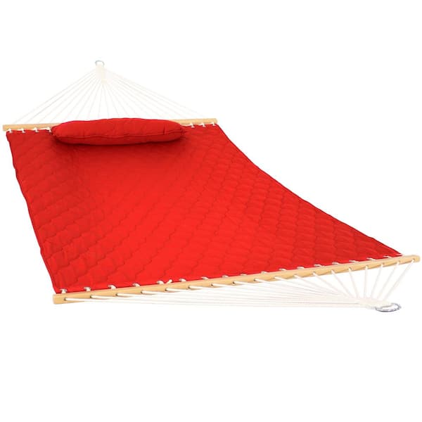 Sunnydaze 10-1/2 ft. Quilted Double 2-Person Hammock with Spreader Bars and Pillow in Red