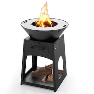 31.5 in. Black Galvanized Metal Patio Fire Pit w/Firewood Log Rack Outdoor Wood Burning Fireplace w/Grill & Ash Box