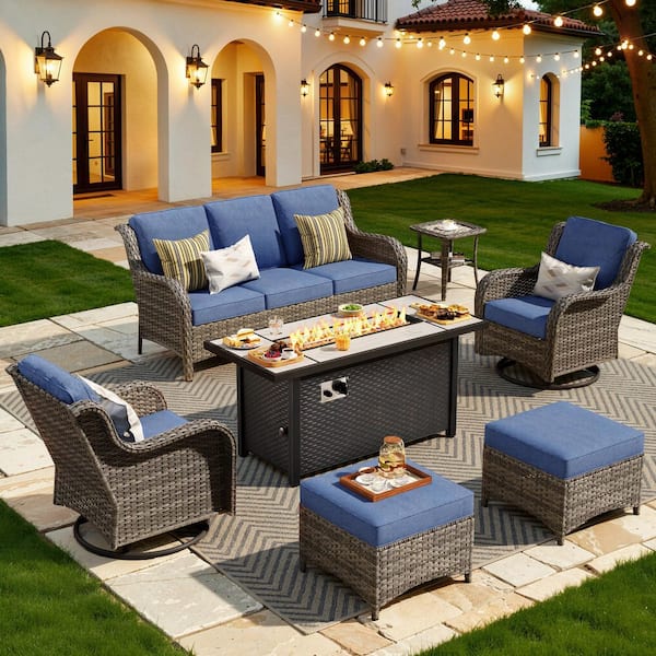 OVIOS Joyoung Gray 7-Piece Wicker Patio 54 in. Rectangle Fire Pit