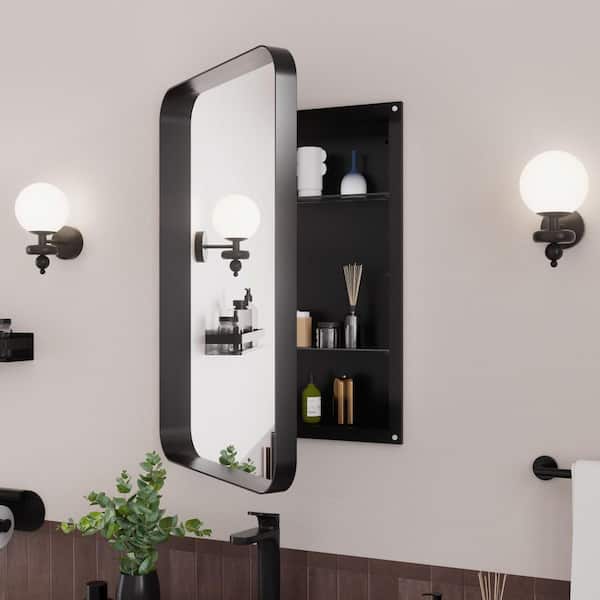 16 in. W x 24 in. H Rectangular Recessed/Surface Mount Medicine Cabinet with Mirror and Shelves in Black