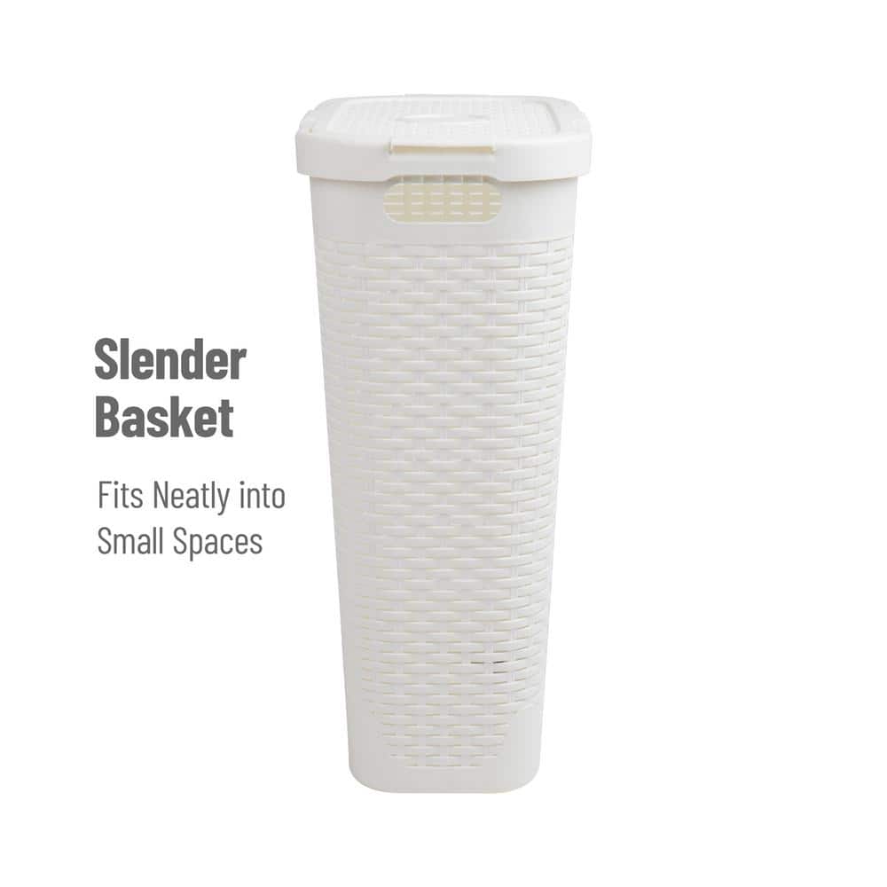 White Slim Rectangular Wicker Laundry Hamper with Lid