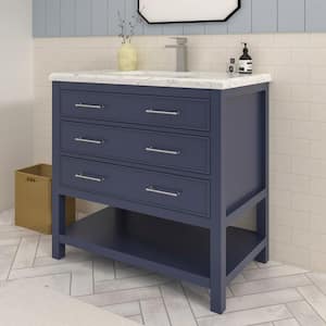 Smania 36 in. W x 22 in. D x 35.63 in. H Single Sink Freestanding Bath Vanity in Marine Blue with Carrara Marble Top