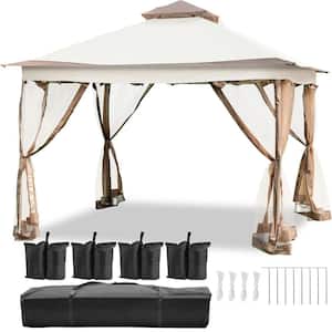 Portable Large Shade Tents 12 ft. x 12 ft. Brown Outdoor Canopy Gazebo Tent with 4 Sandbags, Carrying Bag and Netting