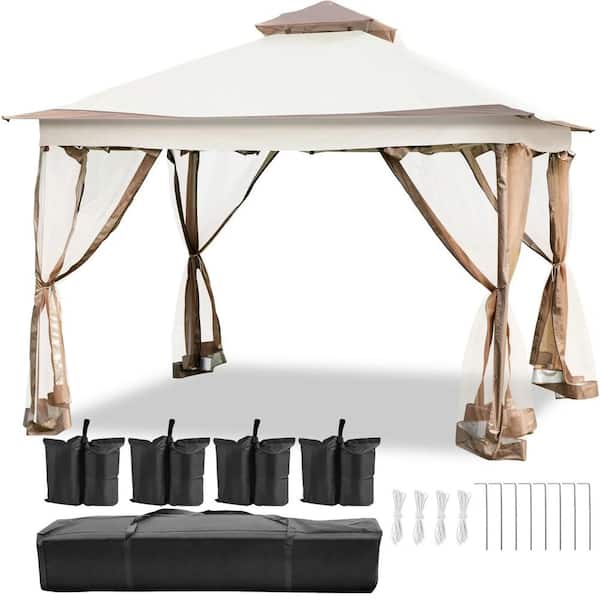 Unbranded Portable Large Shade Tents 12 ft. x 12 ft. Brown Outdoor Canopy Gazebo Tent with 4 Sandbags, Carrying Bag and Netting