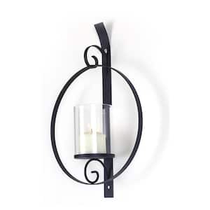 Modern Black Metal Round Candle Sconce with Glass (12 in. x 19 in.)