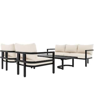 Black 4-Piece Metal Outdoor Patio Conversation Set with Beige Cushions and Coffee Table