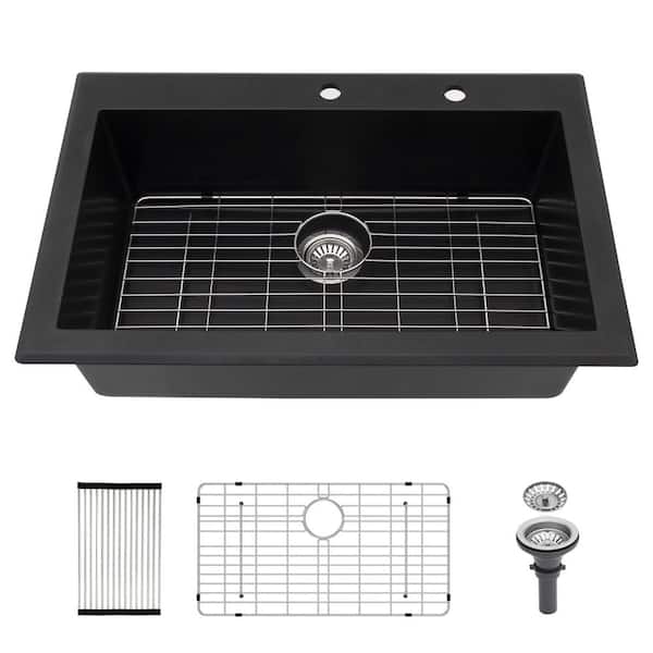 33 in. Drop-in Single Bowl Quartz/Granite Composite Kitchen Sink in Matte Black with Bottom Grid/Strainer/Accessories