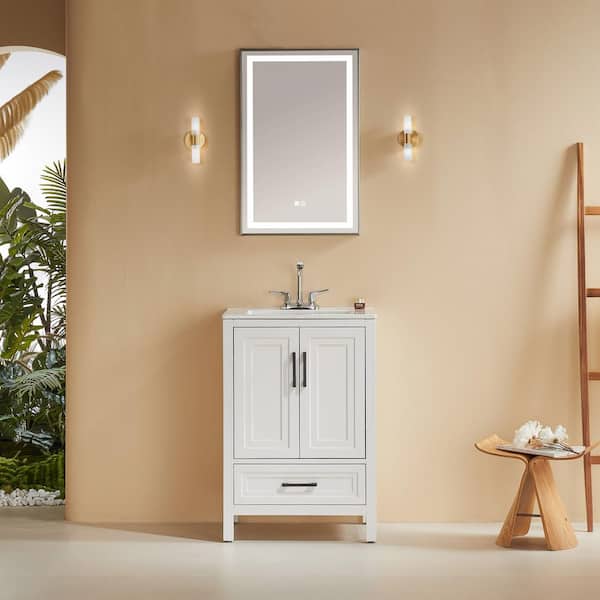 24 in. W Single Sink White Freestanding Solid Wood Bath Vanity with White Ceramic Top, Assembled