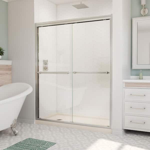 DreamLine Duet 32 in. D x 60 in. W x 74.75 in. H Semi-Frameless Sliding Shower Door in Brushed Nickel with Center Drain Base