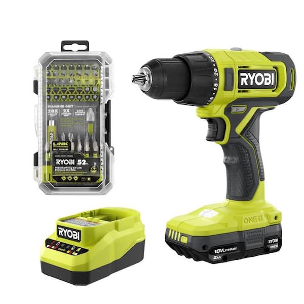 ONE+ 18V Cordless 1/2 in. Drill/Driver Kit with 1.5 Ah Battery, Charger, and Diamond Grit Driving Set (52-Piece)