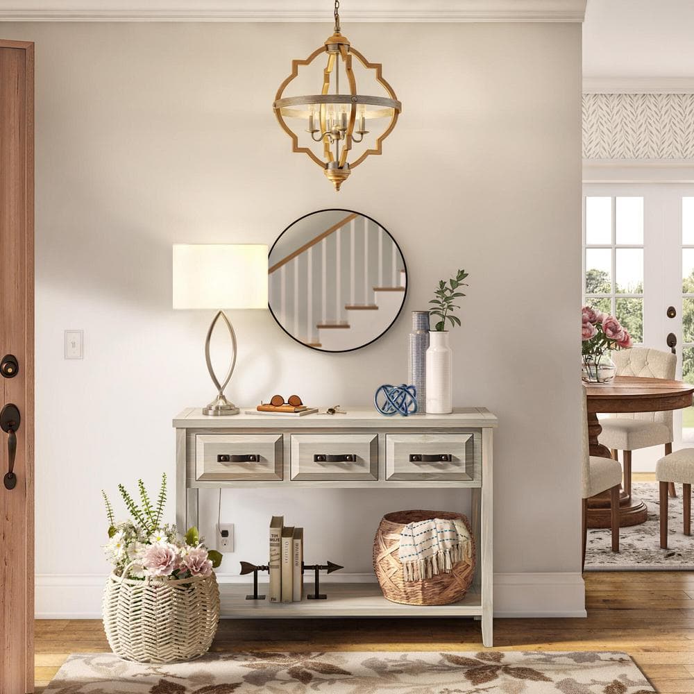 Transitional French Gray 3-Drawer Wood Console Table with Storage