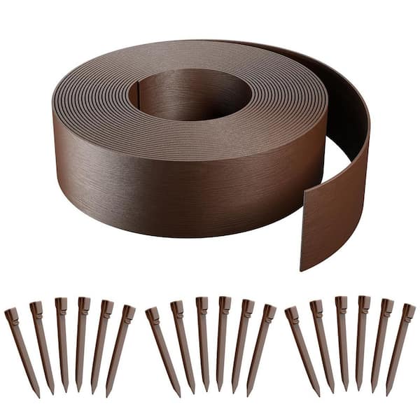 60FT Plastic Landscape Edging Coil Kit Brown 4 in. High Terrace Board Garden Border with 18 Stakes Flexible Durable