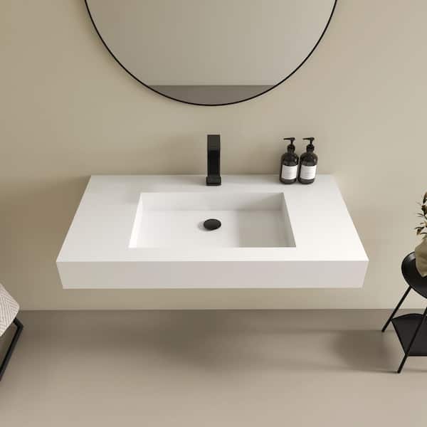 Vetra 29 x 19 in. Solid Surface Wall Mount or Countertop Bathroom Double Vessel Sink with Faucet Holes in Matte White