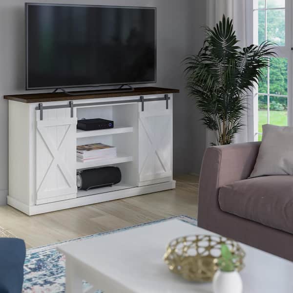 Twin Star Home White TV Stand Fits TVs up to 60 in. with Sliding Barn Doors