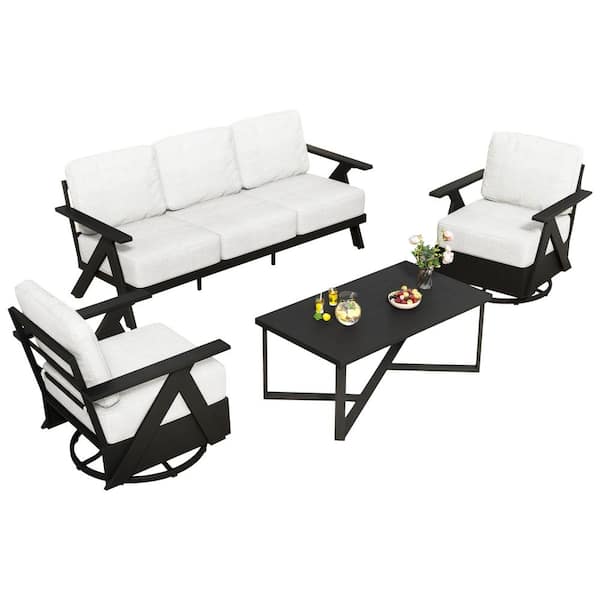 4-Piece Aluminum Patio Conversation Set with with Beige Cushions and Coffee Table