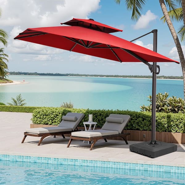9 ft. x 11 ft. Large Outdoor Aluminum Cantilever 360° Rotation Tiltable Patio Umbrella in Red with Base