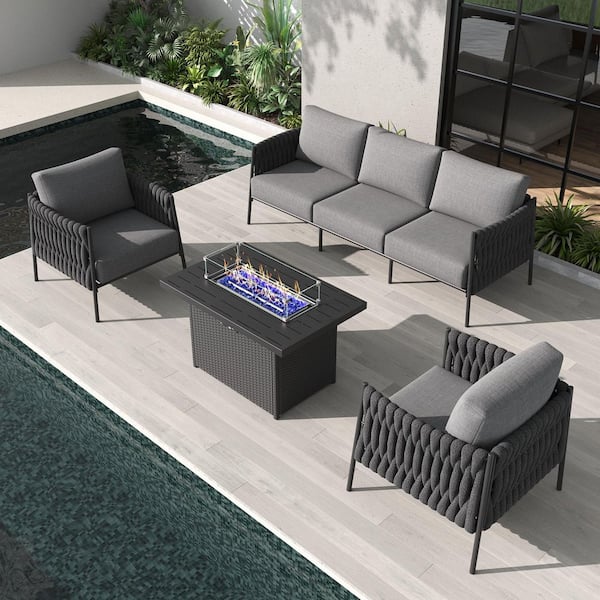 LayinSun 4-Piece Modern Woven Rope Outdoor Furniture Set with Fire Pit Table and Gray Cushions
