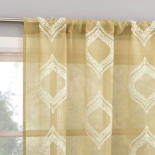 Ravenna Embroidered Medallion Taupe Polyester 50 in. W x 63 in. L Rod Pocket Sheer Curtain (Single Panel)