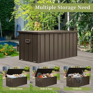 120 Gal. Outdoor Waterproof Galvanized Steel Mobile Storage Deck Box, Lockable Large Capacity Deck Storage Bench, Brown