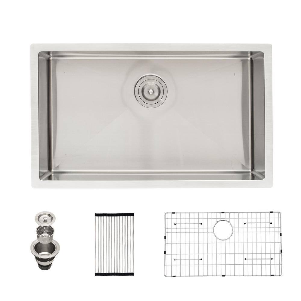 16 Gauge Stainless Steel 33 in. Single Bowl R10 Round Corner Undermount Kitchen Sink with Bottom Grid, Stainless steel brushed