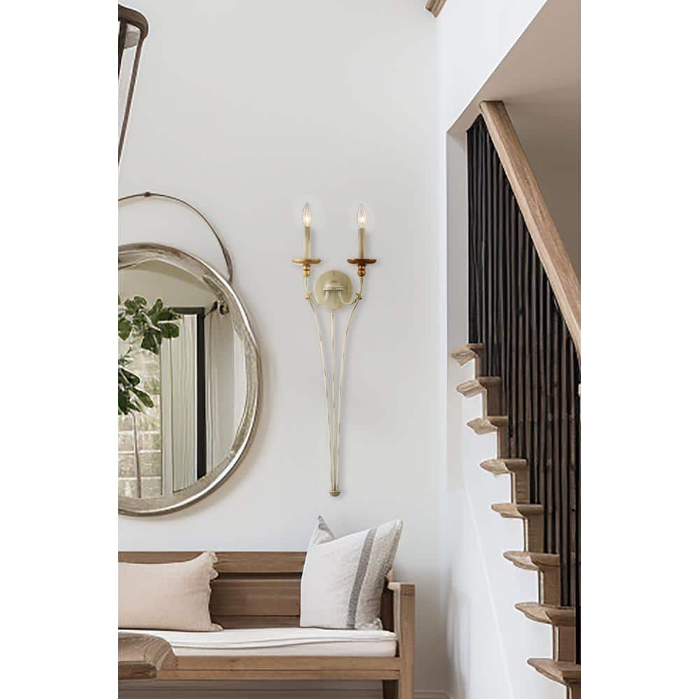 Farmhouse White & Gilded Gold Leaf 2-Light Wall Sconce