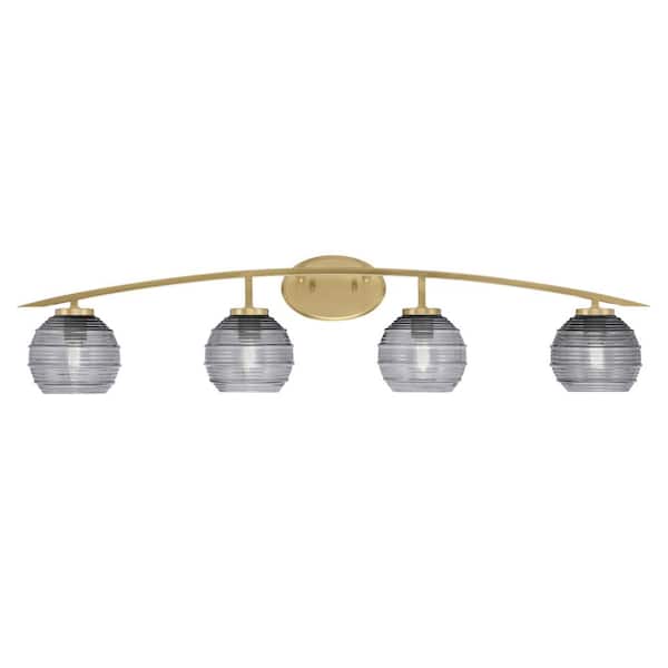 Unbranded Siena 40 in. 4-Light Vanity Light New Age Brass with Smoke Ribbed Glass Shades